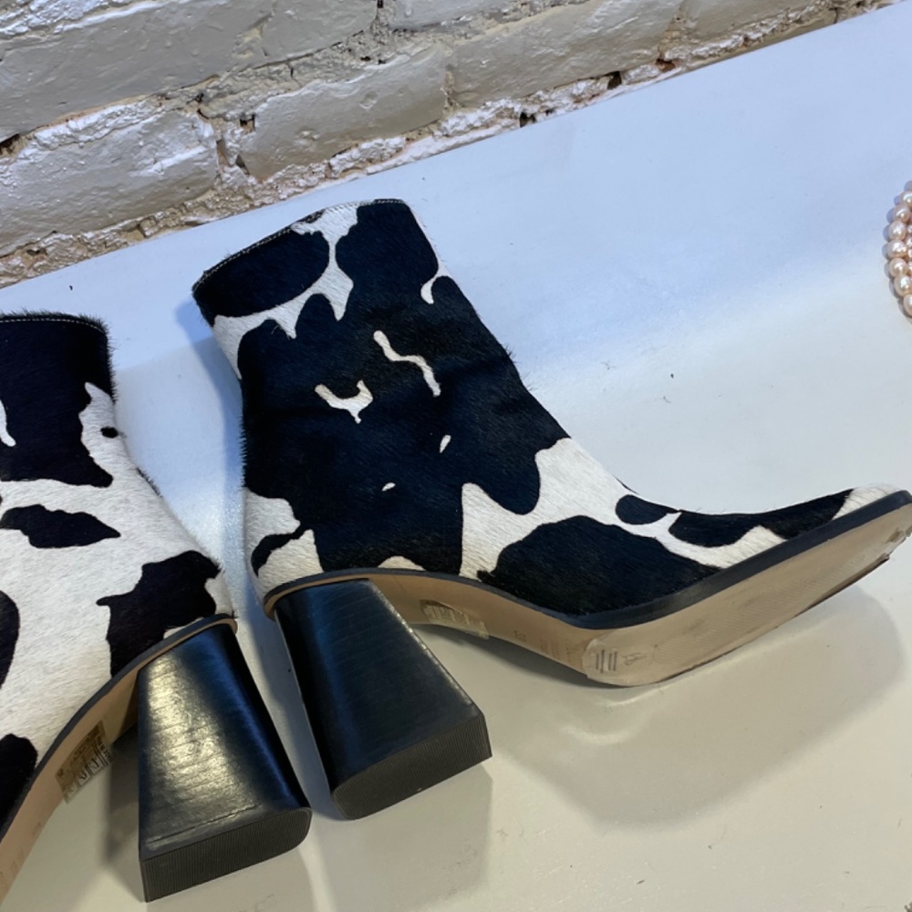 Cow Print Pony Hair Square Toe Chunky Heel Leather Boots Aloha - Picture 3 of 6